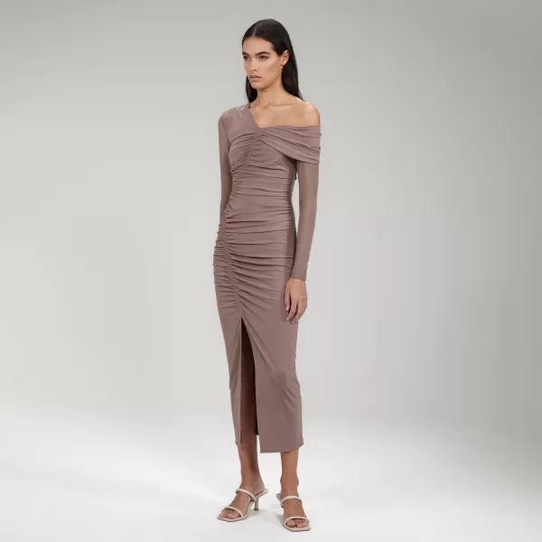 Dresses*Self-Portrait Taupe Jersey One Shoulder Ruched Midi Dress