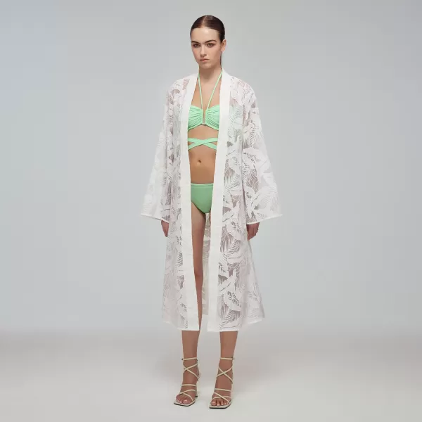 Dresses*Self-Portrait White Tropical Leaf Embroidered Kaftan